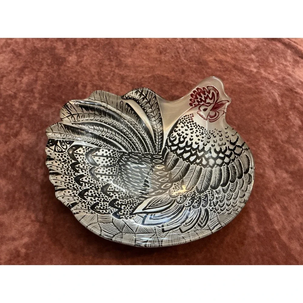Vintage Glass Rooster Bowl Black White Red Patterned Hen Figurine Dish 9.5
